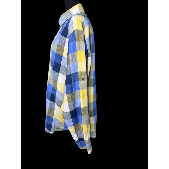 Inserch 100% Linen Plaid Shirt Blue Yellow Long Sleeve Button UP MEN XL - Picture 3 of 8